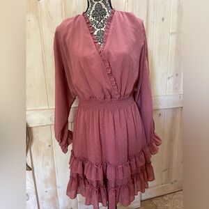 Altar’d State Ruffle VNeck Long Sleeve Dress Large Mauve